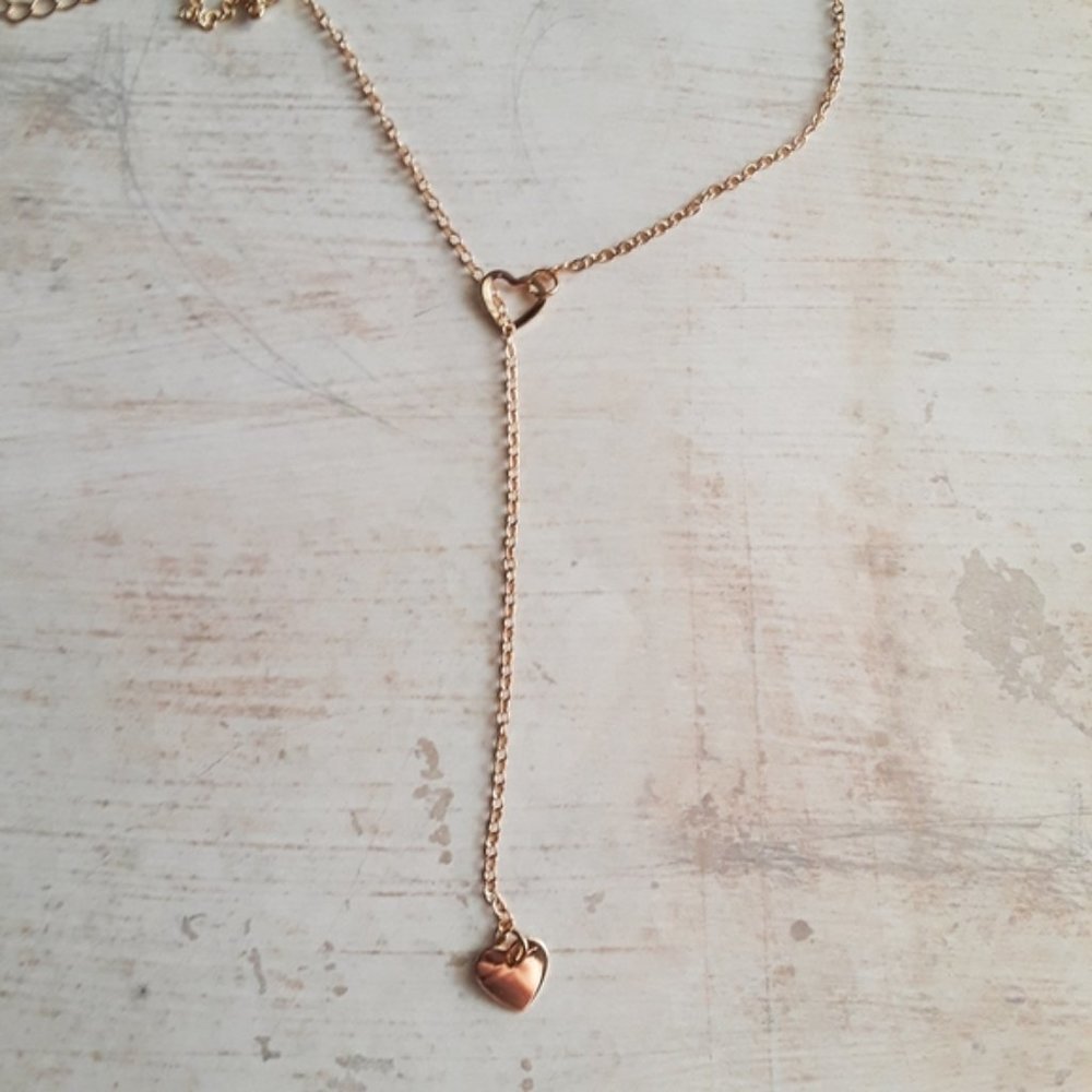 Double Heart Lariat Dainty Gold Minimalist Necklace - Picture 6 of 8
